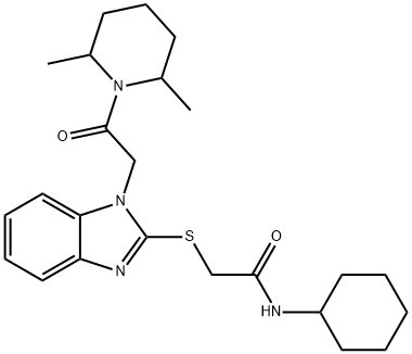 Acetamide, N-cyclohexyl-2-[[1-[2-(2,6-dimethyl-1-piperidinyl)-2-oxoethyl]-1H-benzimidazol-2-yl]thio]- (9CI) 化学構造式