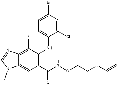 5-((4-ブロモ-2-クロロフェニル)アミノ)-4-フルオロ-1-メチル-N-(2-(ビニルオキシ)エトキシ)-1H-ベンゾ[D]イミダゾール-6-カルボキサミド 化学構造式