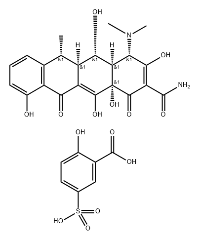4-ジメチルアミノ-1,4,4a,5,5a,6,11,12a-オクタヒドロ-3,5,10,12,12a-ペンタヒドロキシ-6-メチル-1,11-ジオキソ-2-ナフタセンカルボアミド・2-ヒドロキシ-5-スルホ安息香酸 化学構造式