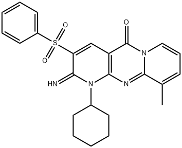 1-cyclohexyl-2-imino-10-methyl-3-(phenylsulfonyl)-1,2-dihydro-5H-dipyrido[1,2-a:2,3-d]pyrimidin-5-one Struktur