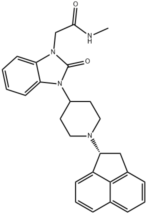 N-メチル-3-[1-(アセナフテン-1α-イル)ピペリジン-4-イル]-2,3-ジヒドロ-2-オキソ-1H-ベンゾイミダゾール-1-アセトアミド 化学構造式