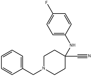 1-benzyl-4-[(4-fluorophenyl)amino]piperidine-4-carbonitrile Struktur