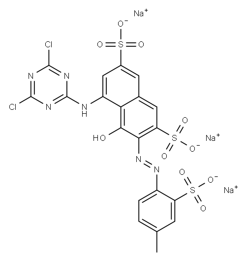 5-[(4,6-ジクロロ-1,3,5-トリアジン-2-イル)アミノ]-4-ヒドロキシ-3-[(4-メチル-2-スルホフェニル)アゾ]-2,7-ナフタレンジスルホン酸三ナトリウム 化学構造式