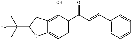 (E)-1-[2,3-ジヒドロ-4-ヒドロキシ-2-(1-ヒドロキシ-1-メチルエチル)ベンゾフラン-5-イル]-3-フェニル-2-プロペン-1-オン 化学構造式