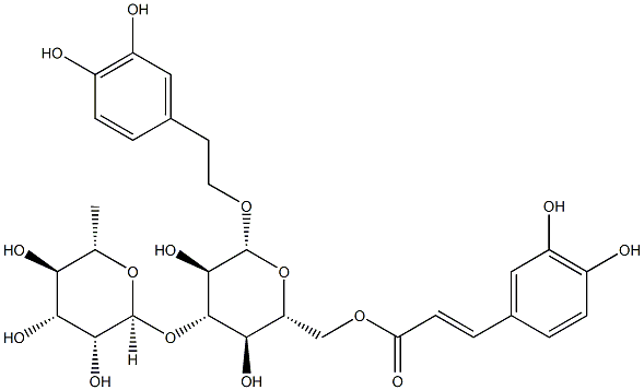 3,4-ジヒドロキシフェネチル3-O-α-L-ラムノピラノシル-6-O-(3,4-ジヒドロキシ-trans-シンナモイル)-β-D-グルコピラノシド 化学構造式