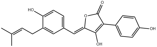 4-Hydroxy-5-[(Z)-[4-hydroxy-3-(3-methyl-2-butenyl)phenyl]methylene]-3-(4-hydroxyphenyl)furan-2(5H)-one 结构式