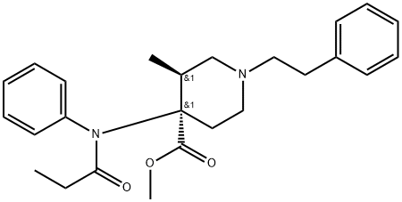 rel-3α*-メチル-4α*-[(1-オキソプロピル)フェニルアミノ]-1-フェネチル-4-ピペリジンカルボン酸メチル 化学構造式