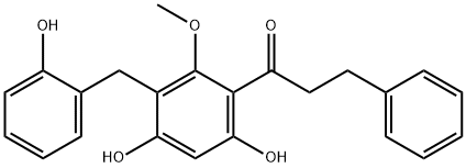 1-[4,6-ジヒドロキシ-3-[(2-ヒドロキシフェニル)メチル]-2-メトキシフェニル]-3-フェニル-1-プロパノン 化学構造式