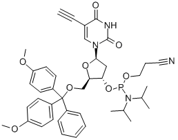 5'-O-[二(4-甲氧基苯基)苯基甲基]-2'-脱氧-5-乙炔基-尿苷 3'-[2-氰基乙基 二(异丙基)氨基亚磷酸酯] 结构式