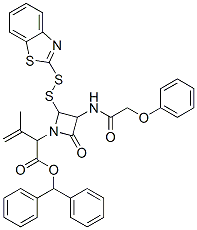 benzhydryl 2-(benzothiazol-2-yldithio)-alpha-(isopropenyl)-4-oxo-3-[(phenoxyacetyl)amino]azetidine-1-acetate  Struktur