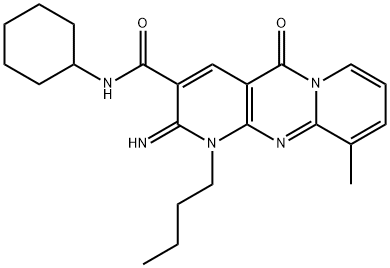 1-butyl-N-cyclohexyl-2-imino-10-methyl-5-oxo-1,5-dihydro-2H-dipyrido[1,2-a:2,3-d]pyrimidine-3-carboxamide Struktur