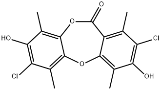 2,7-ジクロロ-3,8-ジヒドロキシ-1,4,6,9-テトラメチル-11H-ジベンゾ[b,e][1,4]ジオキセピン-11-オン 化学構造式