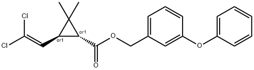 rel-3β*-(2,2-ジクロロエテニル)-2,2-ジメチル-1α*-シクロプロパンカルボン酸3-フェノキシフェニルメチル 化学構造式