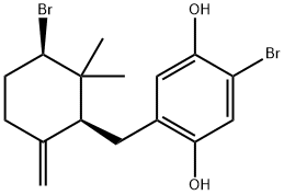 2-ブロモ-5-[[(1S,3R)-3-ブロモ-2,2-ジメチル-6-メチレンシクロヘキシル]メチル]-1,4-ベンゼンジオール 化学構造式