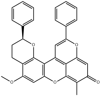 (-)-3,4-ジヒドロ-5-メトキシ-8-メチル-2,12-ジフェニル-2H,9H-ジピラノ[2,3-a:2',3',4'-kl]キサンテン-9-オン 化学構造式