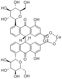 rac-(9R*,9'R*)-5,5'-ビス(β-D-グルコピラノシルオキシ)-9,9',10,10'-テトラヒドロ-4,4'-ジヒドロキシ-10,10'-ジオキソ-9,9'-ビアントラセン-2,2'-ジカルボン酸カルシウム 化学構造式