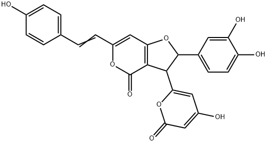 2-(3,4-ジヒドロキシフェニル)-2,3-ジヒドロ-3-(4-ヒドロキシ-2-オキソ-2H-ピラン-6-イル)-6-[2-(4-ヒドロキシフェニル)ビニル]-4H-フロ[3,2-c]ピラン-4-オン 化学構造式