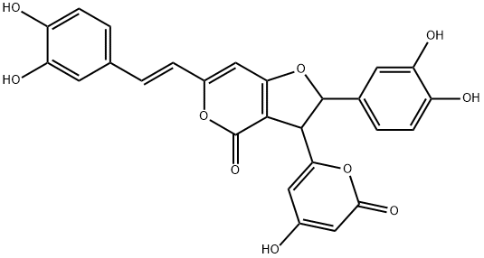 2-(3,4-Dihydroxyphenyl)-6-[2-(3,4-dihydroxyphenyl)vinyl]-2,3-dihydro-3-(4-hydroxy-2-oxo-2H-pyran-6-yl)-4H-furo[3,2-c]pyran-4-one Struktur