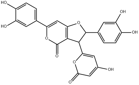 2,6-ビス(3,4-ジヒドロキシフェニル)-2,3-ジヒドロ-3-(4-ヒドロキシ-2-オキソ-2H-ピラン-6-イル)-4H-フロ[3,2-c]ピラン-4-オン 化学構造式
