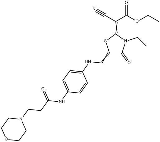 Cyano-(3-ethyl-5-{[4-(3-morpholin-4-yl-propionylamino)-phenylamino]-methylene}-4-oxo-thiazolidin-2-ylidene)-acetic acid ethyl ester Struktur