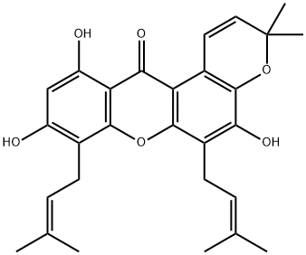 5,9,11-Trihydroxy-3,3-dimethyl-6,8-bis(3-methyl-2-butenyl)pyrano[3,2-a]xanthen-12(3H)-one Struktur