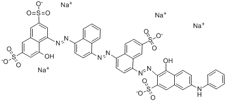 4-ヒドロキシ-5-[[4-[[4-[(1-ヒドロキシ-6-フェニルアミノ-3-ソジオスルホ-2-ナフタレニル)アゾ]-6-ソジオスルホ-1-ナフタレニル]アゾ]-1-ナフタレニル]アゾ]ナフタレン-2,7-ジスルホン酸二ナトリウム 化学構造式