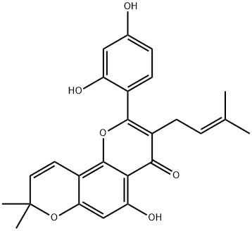 2-(2,4-ジヒドロキシフェニル)-5-ヒドロキシ-8,8-ジメチル-3-(3-メチル-2-ブテニル)-4H,8H-ベンゾ[1,2-b:3,4-b']ジピラン-4-オン 化学構造式