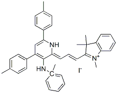1,3,3-trimethyl-2-[3-[1-methylanilino-4,6-di-p-tolyl-1H-pyridin-2-ylidene]prop-1-enyl]-3H-indolium iodide Struktur