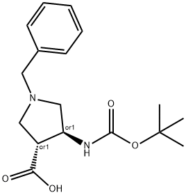 TRANS-ラセミ-1-ベンジル-4-TERT-ブトキシカルボニルアミノ-ピロリジン-3-カルボン酸 化学構造式