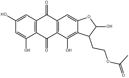 3-(2-アセトキシエチル)-4,6,8-トリヒドロキシアントラ[2,3-b]フラン-5,10-ジオン 化学構造式