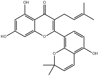 5,7-ジヒドロキシ-2-(5-ヒドロキシ-2,2-ジメチル-2H-1-ベンゾピラン-8-イル)-3-(3-メチル-2-ブテニル)-4H-1-ベンゾピラン-4-オン 化学構造式