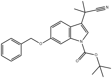 1H-Indole-1-carboxylic acid, 3-(1-cyano-1-methylethyl)-6-(phenylmethoxy)-, 1,1-dimethylethyl ester 化学構造式