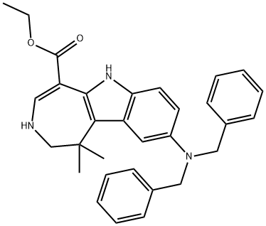 Azepino[4,5-b]indole-5-carboxylic acid, 9-[bis(phenylmethyl)amino]-1,2,3,6-tetrahydro-1,1-dimethyl-, ethyl ester Structure
