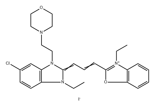2-[3-[5-chloro-1-ethyl-1,3-dihydro-3-[2-morpholinoethyl]-2H-benzimidazol-2-ylidene]prop-1-enyl]-3-ethylbenzoxazolium iodide  Struktur