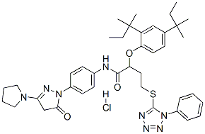 2-[2,4-bis(tert-pentyl)phenoxy]-N-[4-[4,5-dihydro-5-oxo-3-(pyrrolidin-1-yl)-1H-pyrazol-1-yl]phenyl]-4-[(1-phenyl-1H-tetrazol-5-yl)thio]butyramide monohydrochloride  Struktur