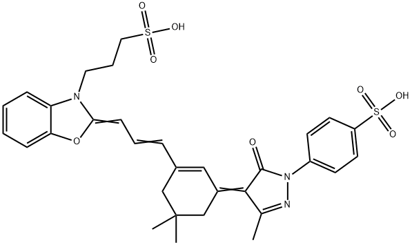 2-[3-[3-[1,5-dihydro-3-methyl-5-oxo-1-(4-sulphophenyl)-4H-pyrazol-4-ylidene]-5,5-dimethylcyclohex-1-en-1-yl]prop-2-enylidene]-2H-benzoxazole-3-propylsulphonic acid Structure