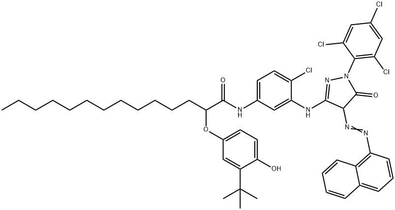 2-(3-tert-Butyl-4-hydroxyphenoxy)-N-(4-chloro-3-((4,5-dihydro-4-(1-naphthylazo)-5-oxo-1-(2,4,6-trichlorophenyl)-1H-pyrazol-3-yl)amino)phenyl)myristamide Struktur
