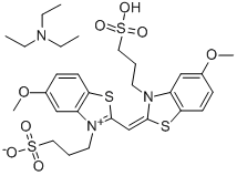 hydrogen 5-methoxy-2-[[5-methoxy-3-(3-sulphonatopropyl)-3H-benzothiazol-2-ylidene]methyl]-3-(3-sulphonatopropyl)benzothiazolium, compound with triethylamine (1:1), 63148-97-0, 结构式