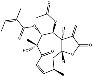 (Z)-2-Methyl-2-butenoic acid [(3aS,4S,5R,6R,8Z,10R,11aR)-4-acetoxy-2,3,3a,4,5,6,7,10,11,11a-decahydro-6-hydroxy-6,10-dimethyl-3-methylene-2,7-dioxocyclodeca[b]furan-5-yl] ester Struktur