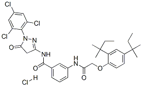 3-[[[2,4-bis(tert-pentyl)phenoxy]acetyl]amino]-N-[4,5-dihydro-5-oxo-1-(2,4,6-trichlorophenyl)-1H-pyrazol-3-yl]benzamide monohydrochloride Struktur