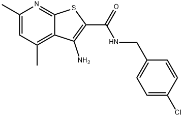 3-アミノ-N-[(4-クロロフェニル)メチル]-4,6-ジメチルチエノ[2,3-b]ピリジン-2-カルボアミド 化学構造式