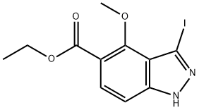 1H-Indazole-5-carboxylic acid, 3-iodo-4-Methoxy-, ethyl ester 化学構造式