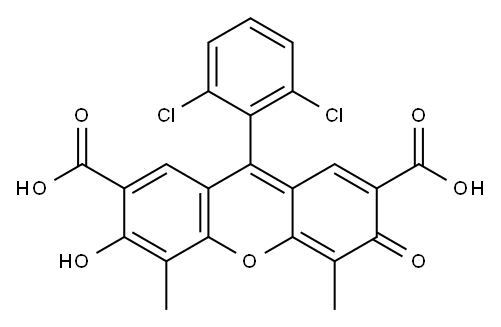 9-(2,6-ジクロロフェニル)-6-ヒドロキシ-4,5-ジメチル-3-オキソ-3H-キサンテン-2,7-ジカルボン酸 化学構造式