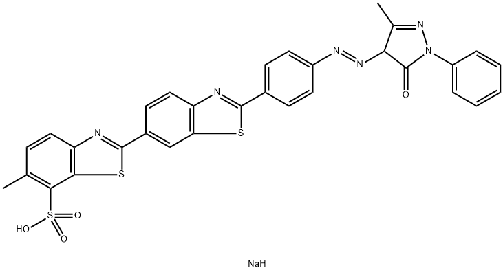 sodium 2'-[4-[(4,5-dihydro-3-methyl-5-oxo-1-phenyl-1H-pyrazol-4-yl)azo]phenyl]-6-methyl[2,6'-bibenzothiazole]-7-sulphonate  Struktur