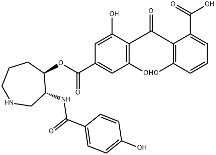 4-[2-[[[ヘキサヒドロ-4-[(4-ヒドロキシベンゾイル)オキシ]-1H-アゼピン-3-イル]アミノ]カルボニル]-6-ヒドロキシベンゾイル]-3,5-ジヒドロキシ安息香酸 化学構造式