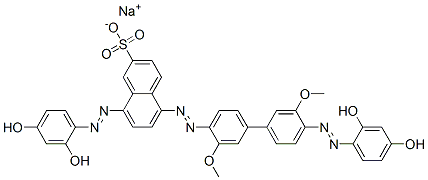 8-[(2,4-Dihydroxyphenyl)azo]-5-[[4'-[(2,4-dihydroxyphenyl)azo]-3,3'-dimethoxy[1,1'-biphenyl]-4-yl]azo]naphthalene-2-sulfonic acid sodium salt 结构式