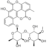 10-[[6-デオキシ-2-O-(6-デオキシ-3-O-メチル-α-D-ガラクトピラノシル)-β-D-ガラクトピラノシル]オキシ]-6-ヒドロキシ-1-メチルベンゾ[h][1]ベンゾピラノ[5,4,3-cde][1]ベンゾピラン-5,12-ジオン 化学構造式