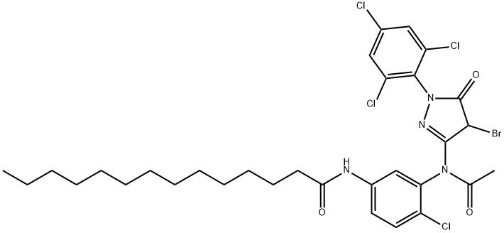 4-Bromo-1-(2,4,6-trichlorophenyl)-3-[N-(2-chloro-5-tetradecanoylaminophenyl)acetylamino]-2-pyrazolin-5-one Struktur