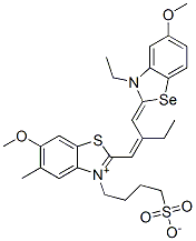 2-[2-[(3-ethyl-5-methoxy-3H-benzoselenazol-2-ylidene)methyl]but-1-enyl]-6-methoxy-5-methyl-3-(4-sulphonatobutyl)benzothiazolium Structure