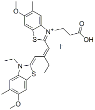 3-(2-carboxyethyl)-2-[2-[(3-ethyl-6-methoxy-5-methyl-3H-benzothiazol-2-ylidene)methyl]but-1-enyl]-6-methoxy-5-methylbenzothiazolium iodide Struktur
